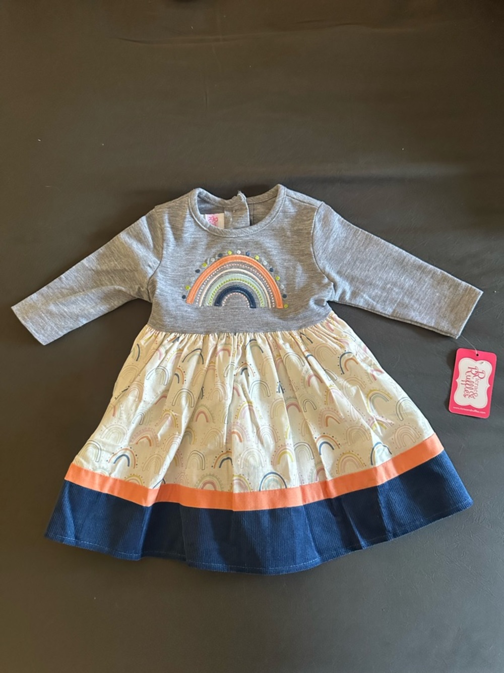 Ricrqc & Ruffles Cream Rainbow Dress with Navy Hem